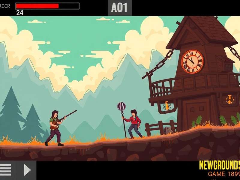 Friday Night Funkin' Boyfriend character facing off against Daddy Dearest on Newgrounds stage