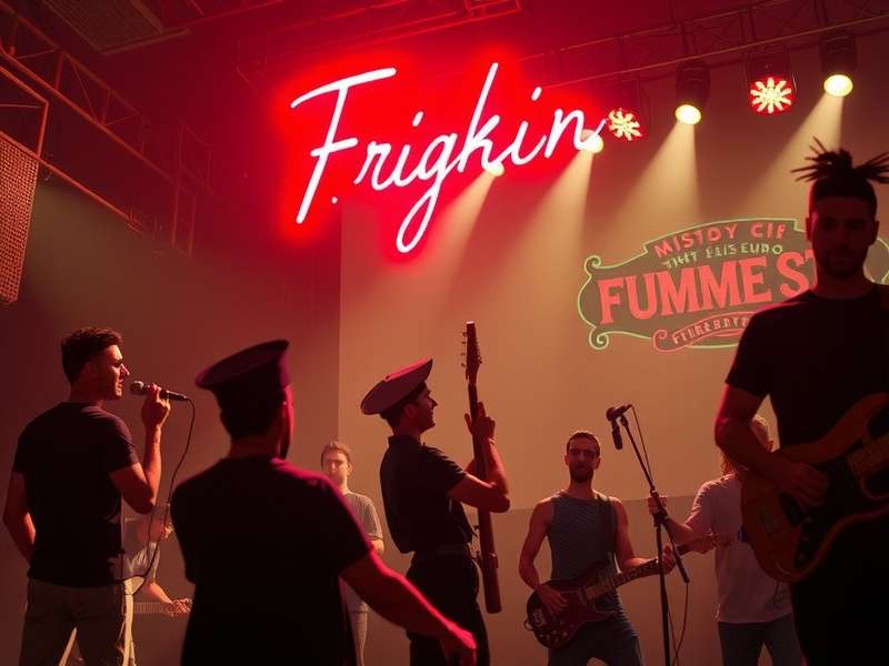 A vibrant digital art collage of Friday Night Funkin characters Boyfriend, Girlfriend, and Daddy Dearest with musical notes and a neon city backdrop