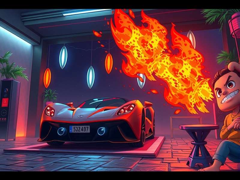 Vibrant neon-lit music studio setup with microphone and keyboard, evoking the Friday Night Funkin' aesthetic