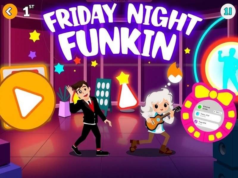 Friday Night Funkin Game – Boyfriend and Girlfriend on stage with neon lights