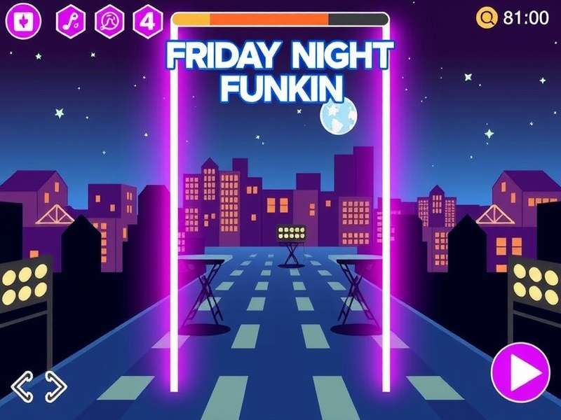 Friday Night Funkin gameplay screenshot showing Boyfriend and Girlfriend on stage with neon lights