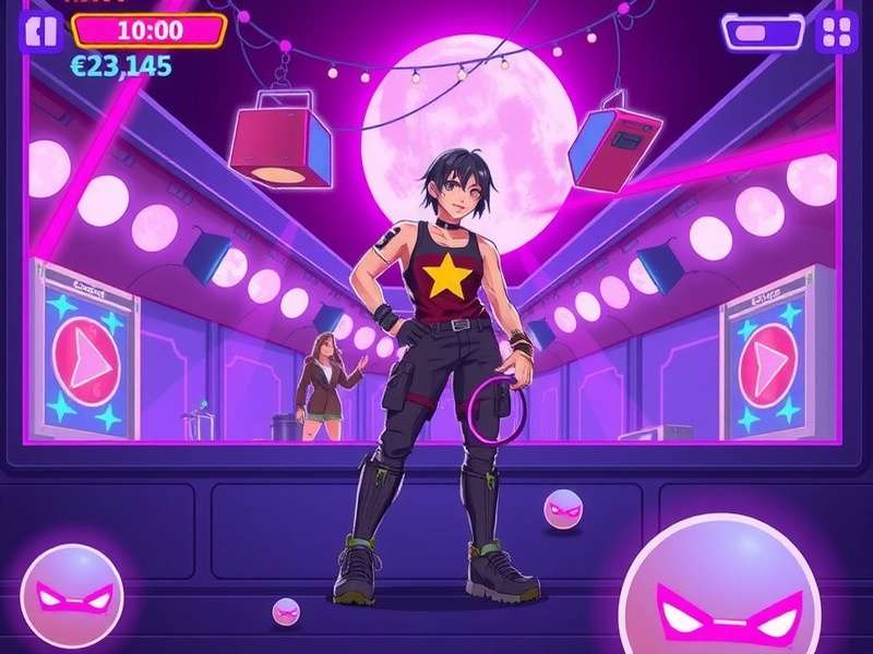 Friday Night Funkin gameplay on a neon-lit screen with vibrant rhythm arrows